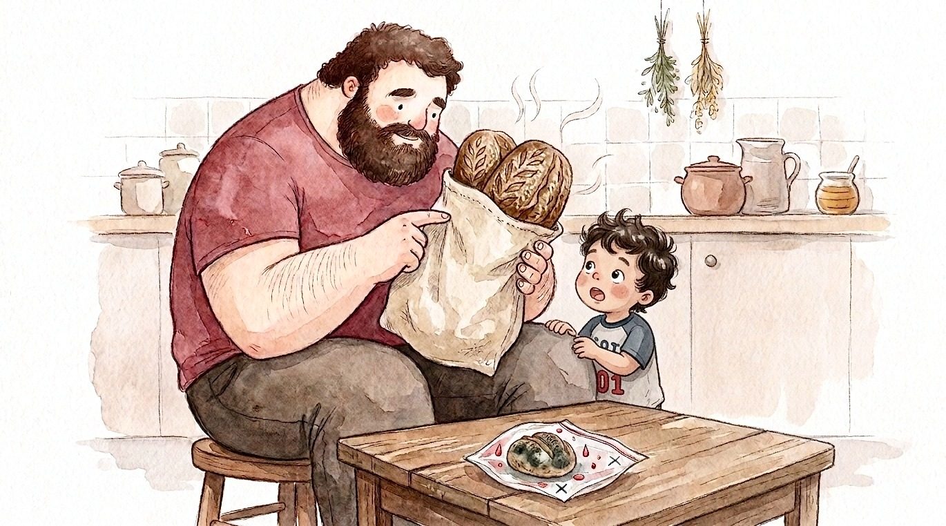A father showing a child bread kept in a paper bag, beside a plastic-wrapped loaf gone mouldy