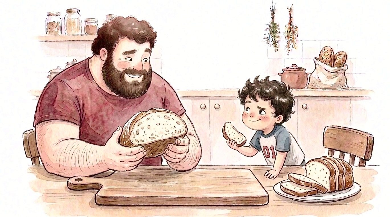 A whole loaf, a halved loaf and a plate of slices