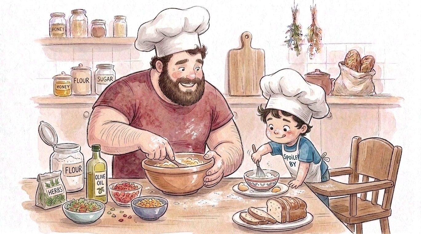 A father and his small son baking together, both in chef hats, with bread on the table