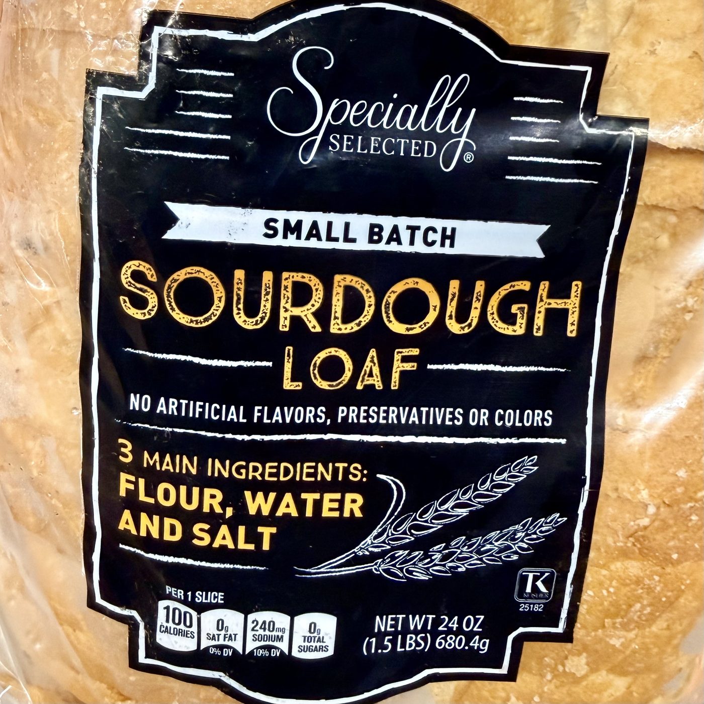 Front of a supermarket sourdough loaf claiming three ingredients: flour, water and salt