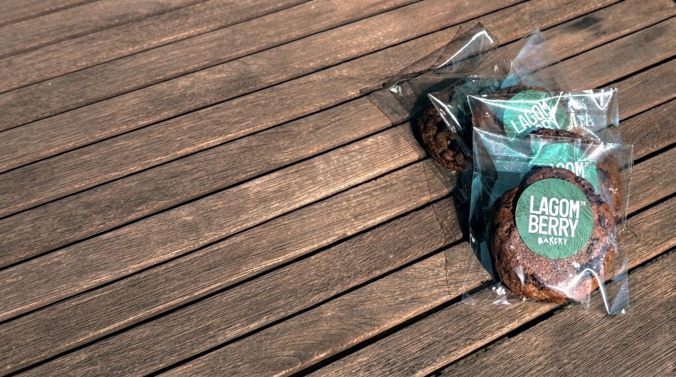 Four wrapped sourdough chocolate chip cookies on a wooden table