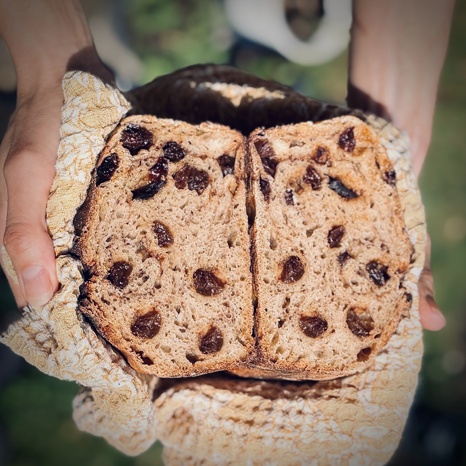 Close-up of the cracked rye crust