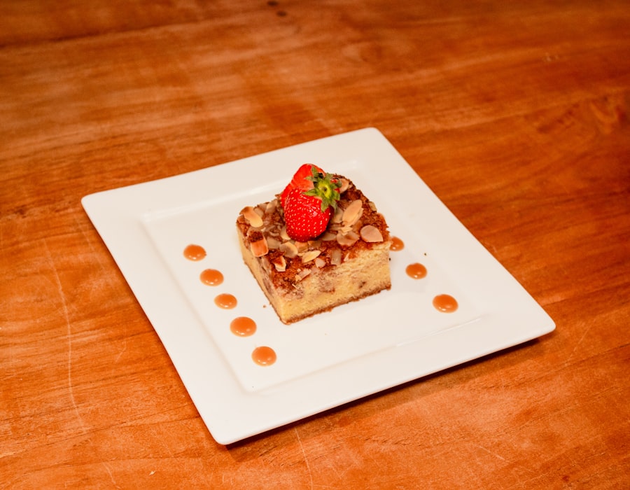 A square of bread-and-butter pudding