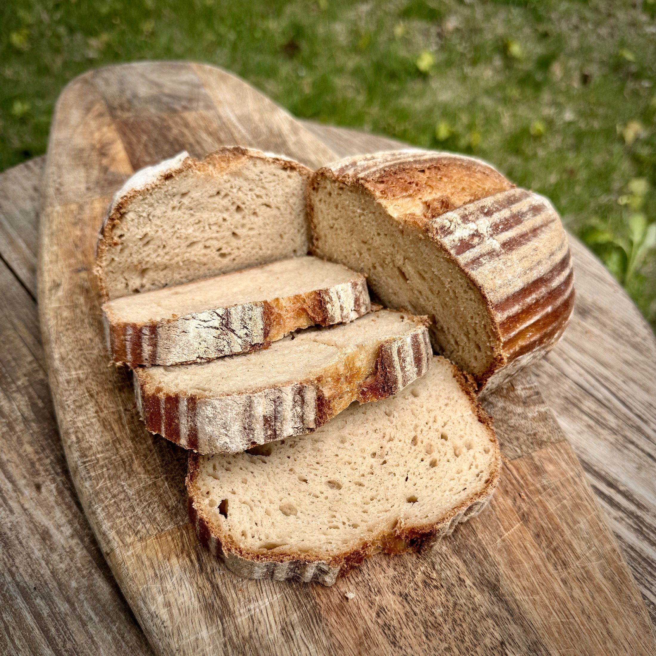 Sliced gluten-friendly sourdough showing the crumb
