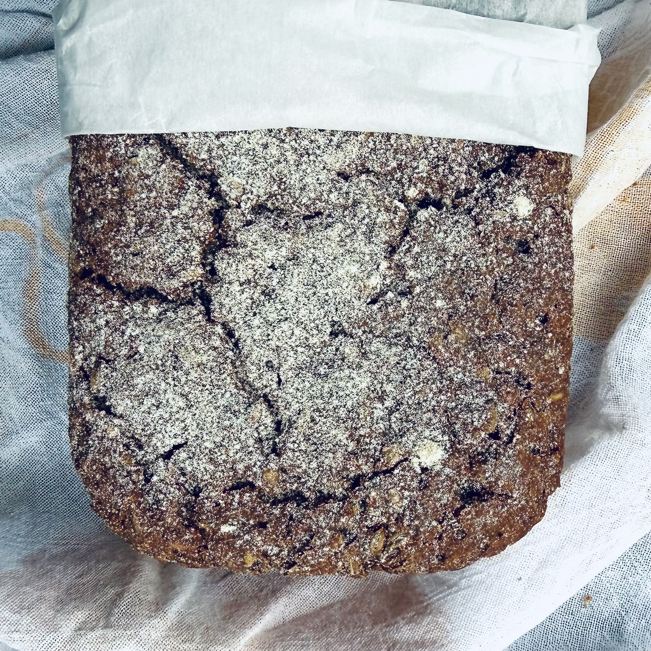 Close-up of the cracked rye crust