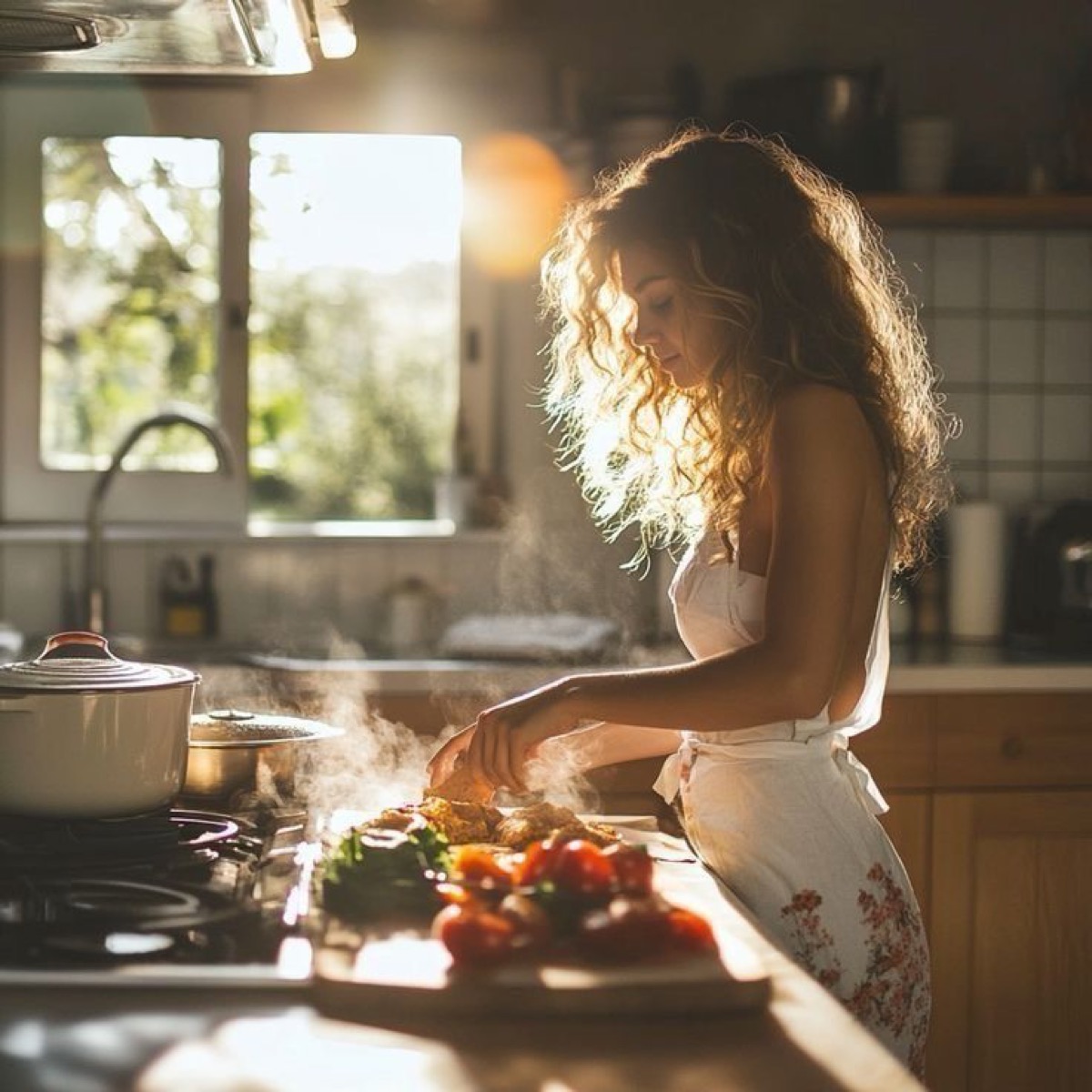 A woman cooking in a sunlit kitchen