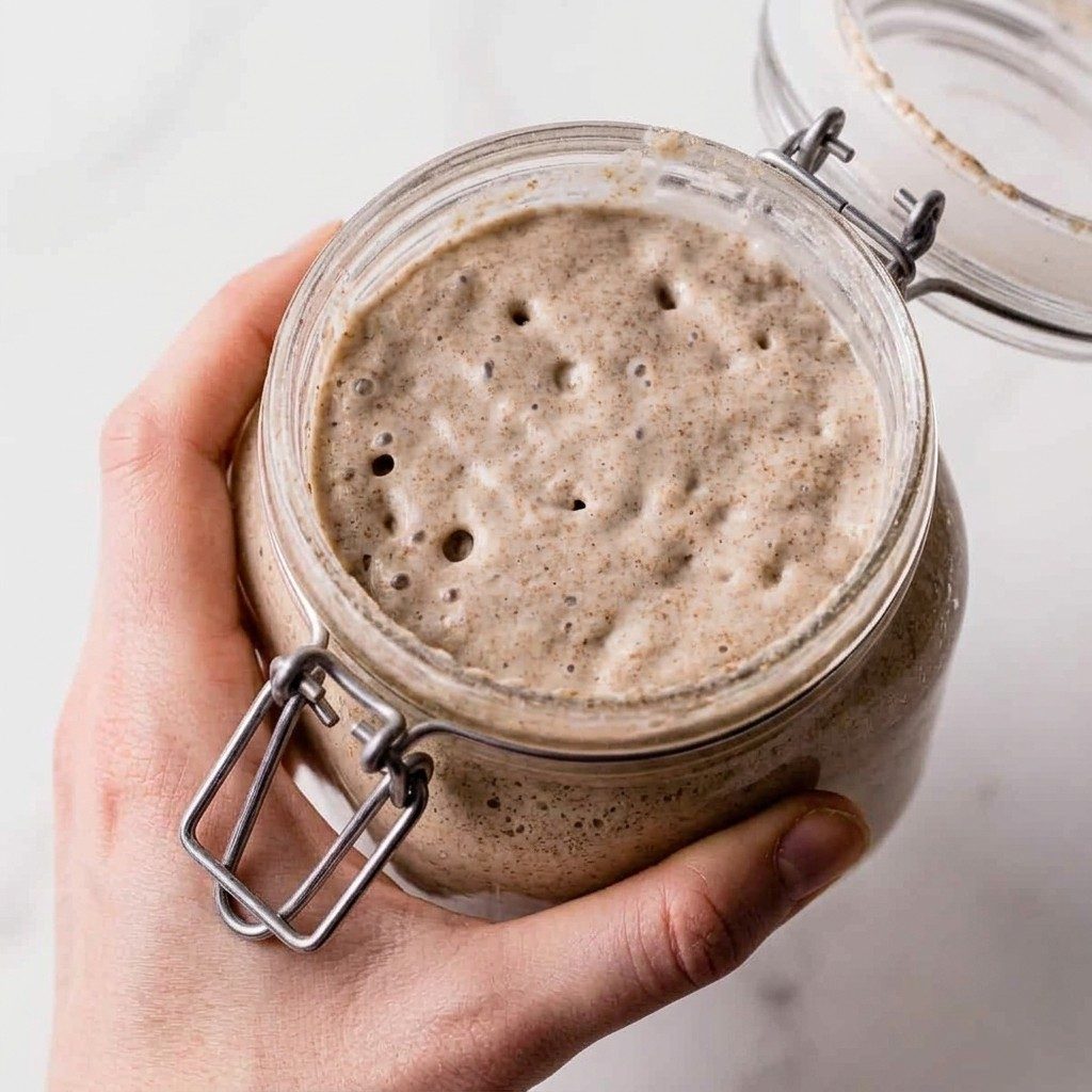 A jar of active wild rye sourdough starter
