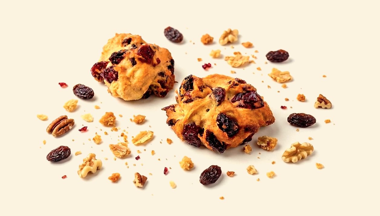 Two pastry bites with raisins, pecans and walnuts scattered around them