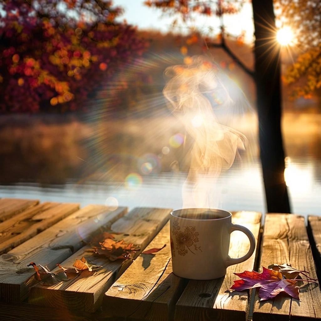 A mug of coffee on a deck among autumn leaves