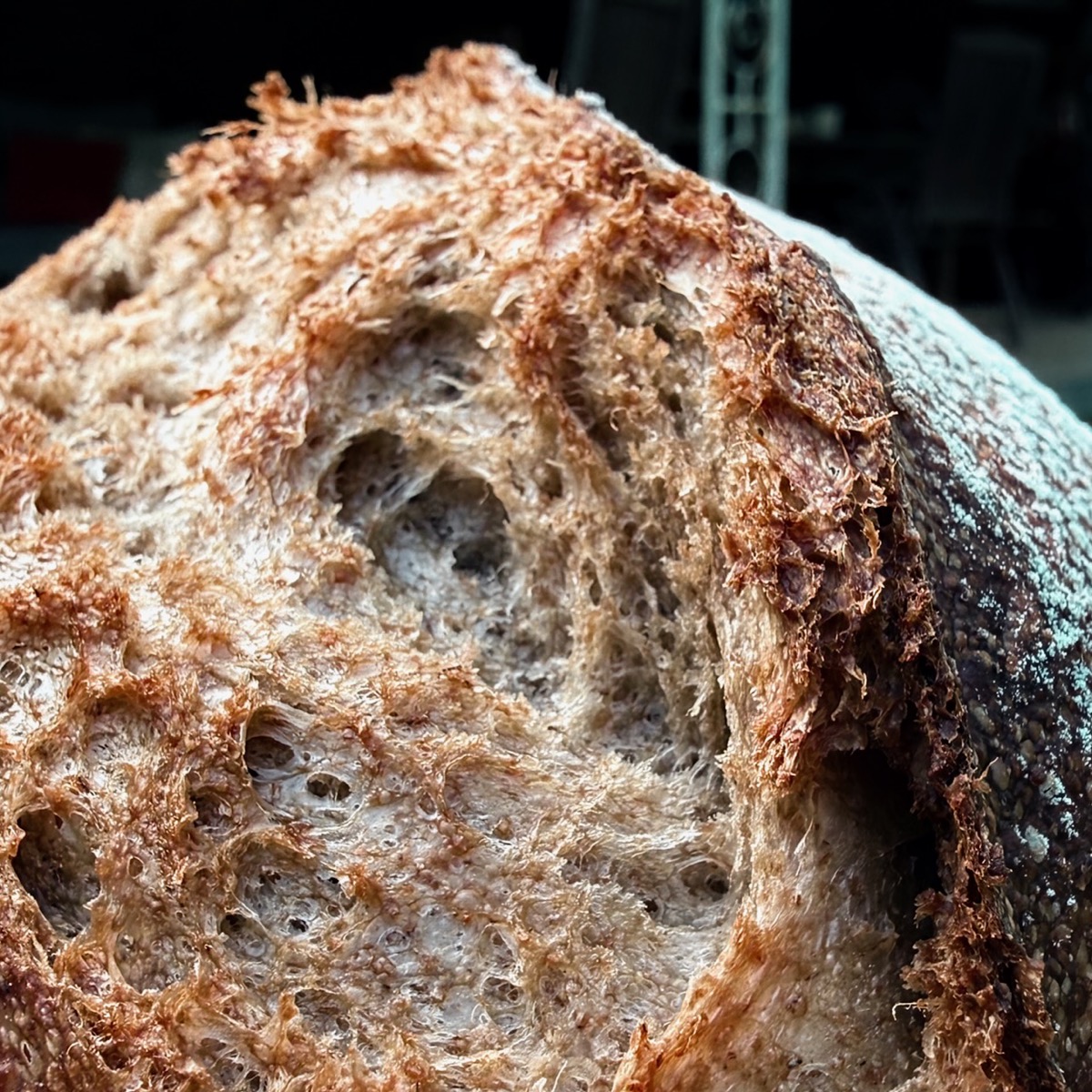 Close-up of the cracked rye crust