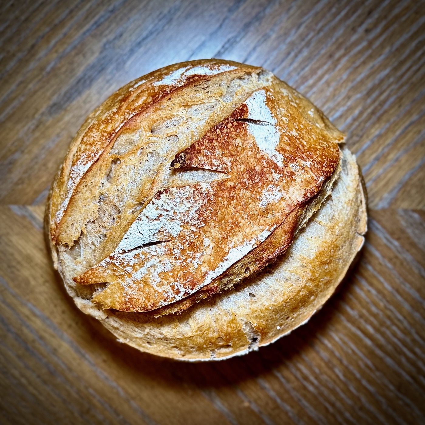 A round whole wheat sourdough loaf with a golden crust