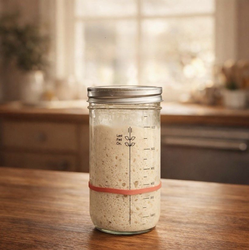 Lagom, the Lagomberry sourdough starter, alive and bubbling in a glass jar