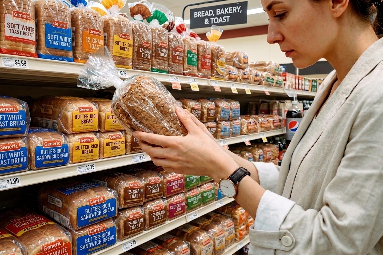 A shopper reading the fine print on a package in a supermarket bread aisle