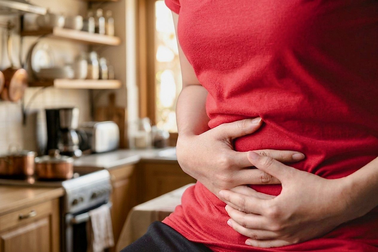 A woman in her kitchen holding her stomach after eating