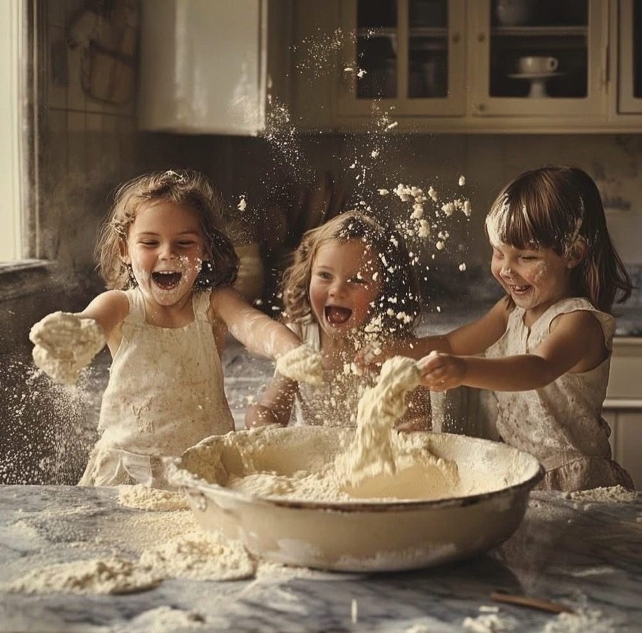 Children up to their elbows in flour
